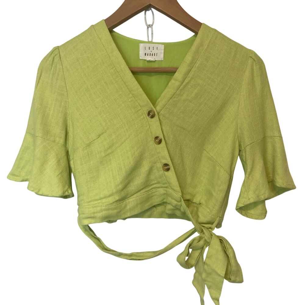 Lost + Wander Cactus Bloom Lime Green Wrap Button Flutter Sleeves Crop Top Small